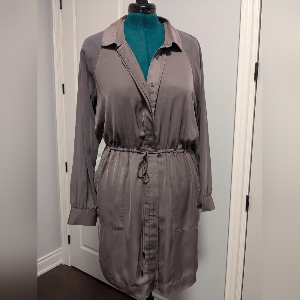 BCBG Grey Satin shirtdress, women's dress Large, workwear